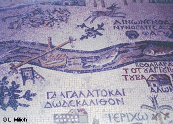 Madaba, Jordan, historic mosaic of Jordan River bridge