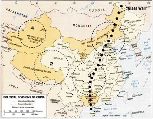 map of China with potential "hotspots" circled