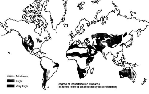 Map of global areas in danger of desertification