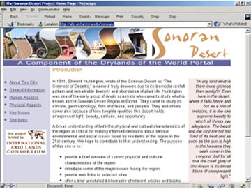 Screen shot of home page for prototype Sonoran Desert web site