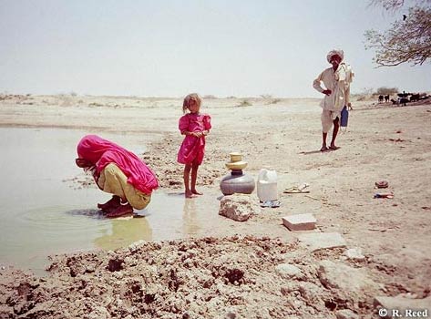 A Rajasthani woman drinks from cupped hands while a child and a man look on