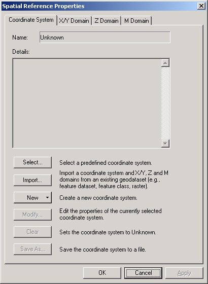 A screenshot of how to specify a coordinate system in a personal geodatabase.