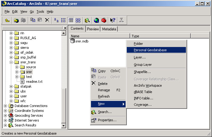 A screenshot of how to create a personal geodatabase.