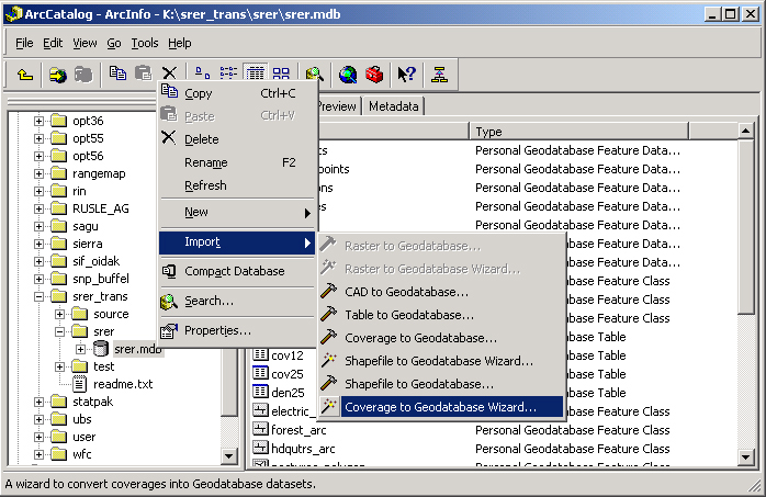 A screenshot of how to import data into a personal geodatabase.