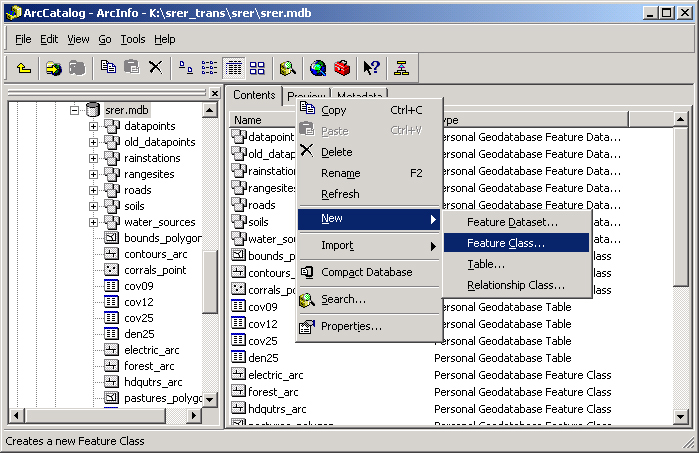 A screenshot of how to create a new feature class or table in a personal geodatabase.