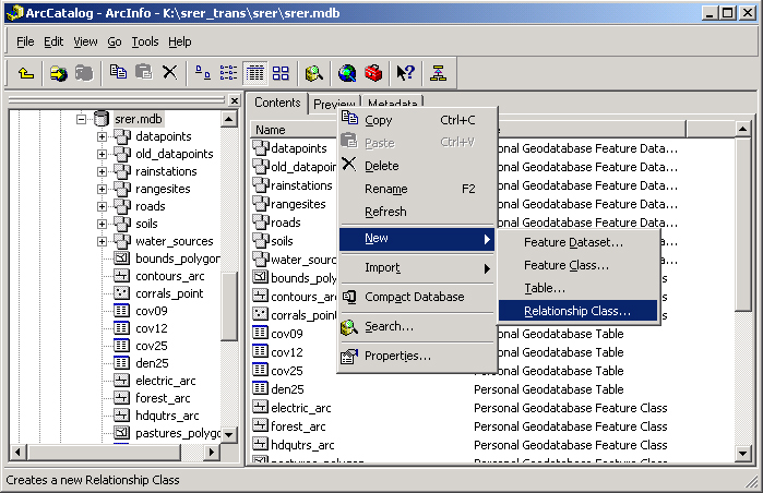 A screenshot of how to create a new relationship class or table in a personal geodatabase.