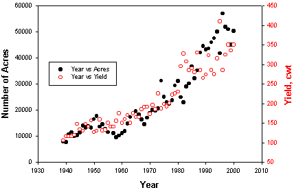 Graph of the numbers of acres and yield of lettuce by year in Yuma  County .