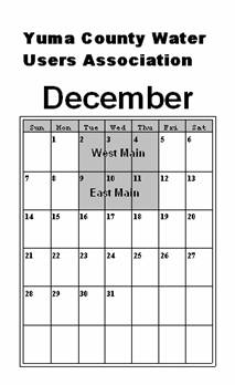 Calendar for the Yuma County Water Users Association  - December 2, 3, 4, 9, 10, 11 are shaded in.