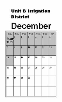 Calendar for the Unit B Irrigation District - November 29 through 14 are shaded in.