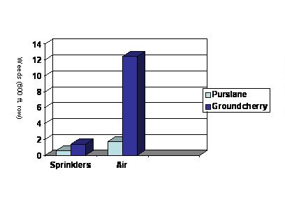 Column graph comparing the number of weeds that were present in plots after Kerb was applied by sprinkler or air.