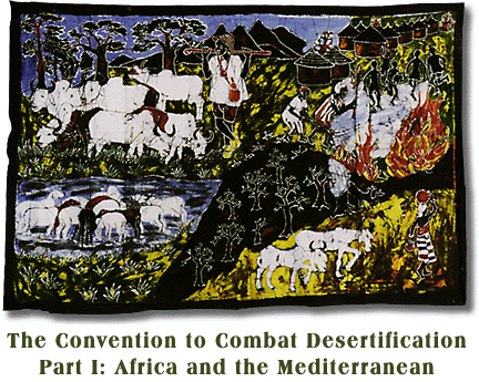 African batik showing healthy rural landscapes versus those affected by desertification