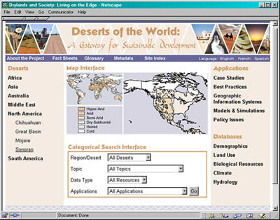 screen shot of prototype web site portal to information on drylands of the world