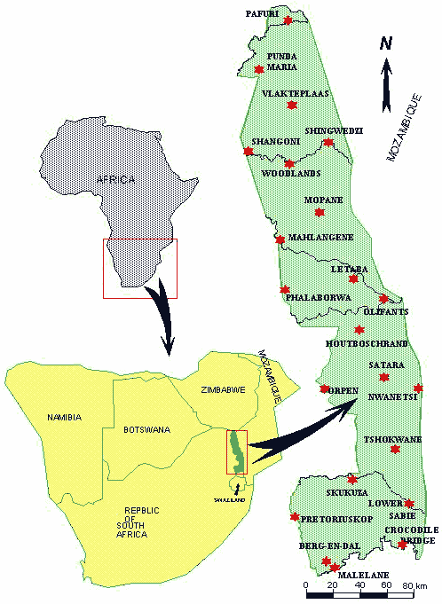 map of Kruger National Park, with its location in southern Africa & Africa overall