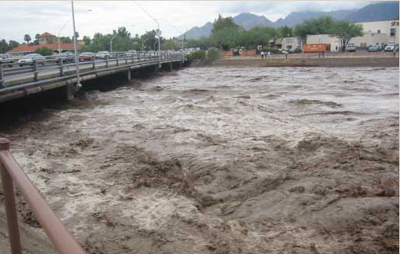 The Rillito 'River' of Tucson, Arizona, in full flood in July 2006, during the summer monsoon rains.