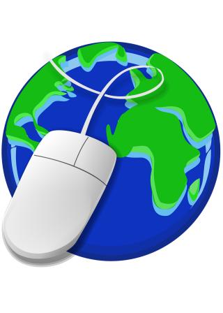 white computer mouse wrapped around blue& green world icon (PixabayCC0:42583 / Nemo)