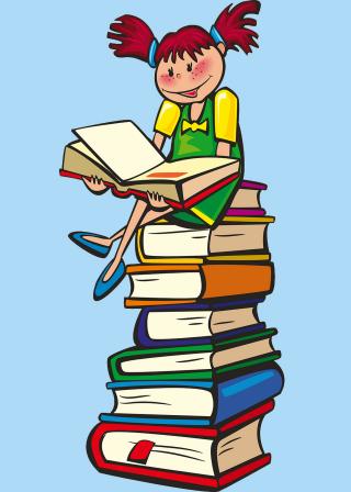 girl reading book on top of a stack of books illustration (Pixabay CC0:160172 / OpenClips)