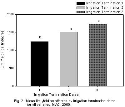 Figure 2. Graph of mean lint yield as affected by irrigation termination dates for all varieties, MAC, 2000.