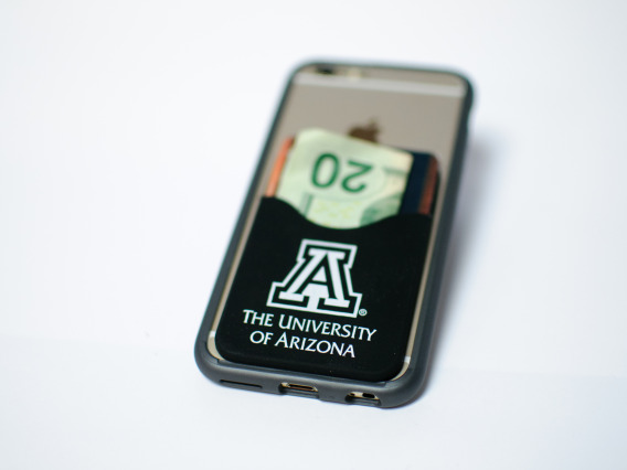 UofA branded cell phone pocket with cash.